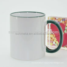 11oz Tasse blanche pour sublimation gros avec jante ahandle couleur verte